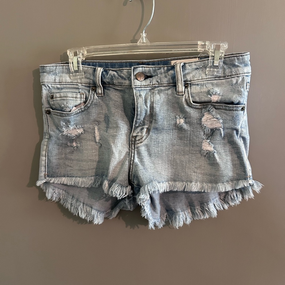 Light Blue Distressed Frayed Hem Denim Shorts - Women